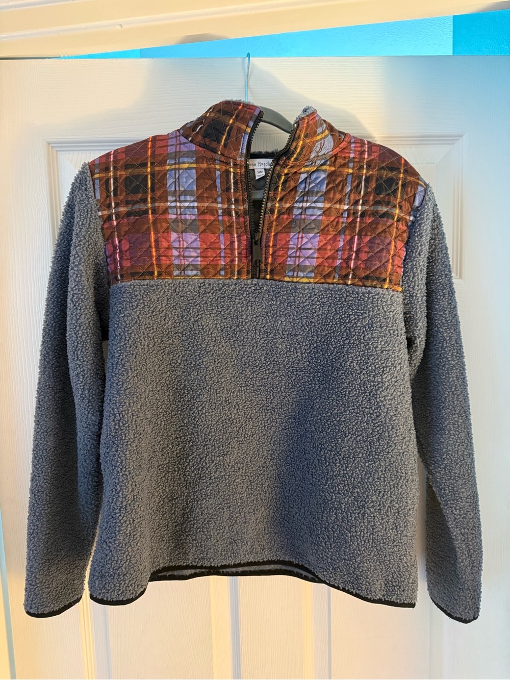 Vera Bradley S/M Gray Sherpa Pullover with Plaid Yoke